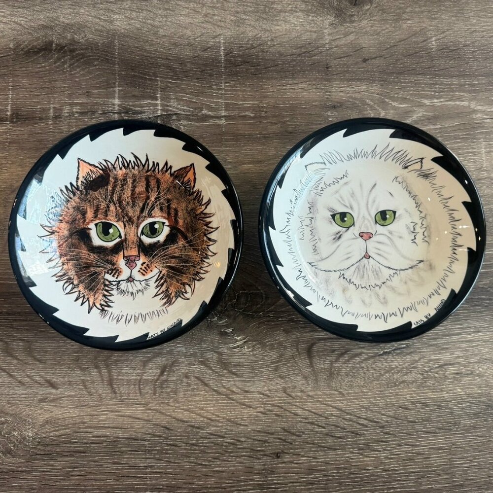 Nina Lyman Set of 2 Ceramic Hand Painted Cats/Kittens 8" Bowl